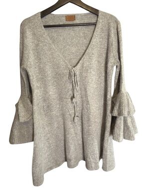 POL Light Gray Knit Crewneck Sweater with Leather Logo Patch